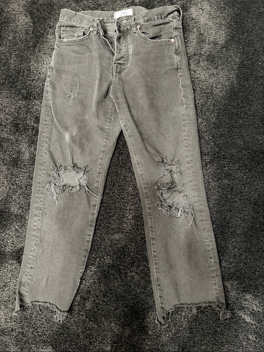 Free People Distressed Cropped Button Fly Black Boyfriend Jeans